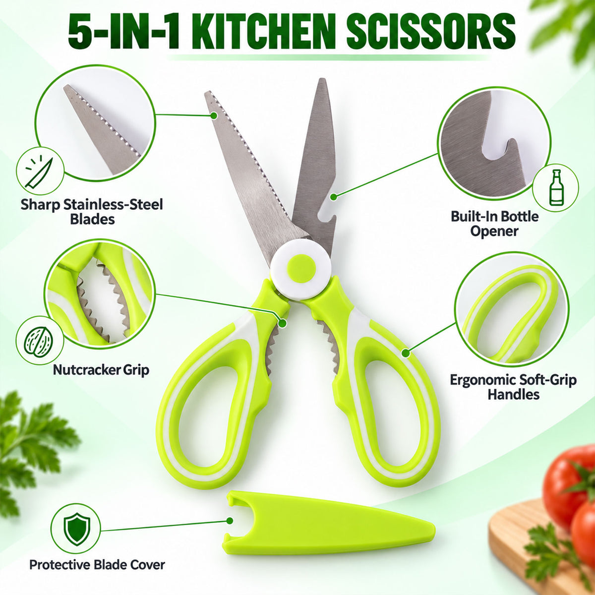 Multipurpose kitchen scissors with protective cover - multipurpose features