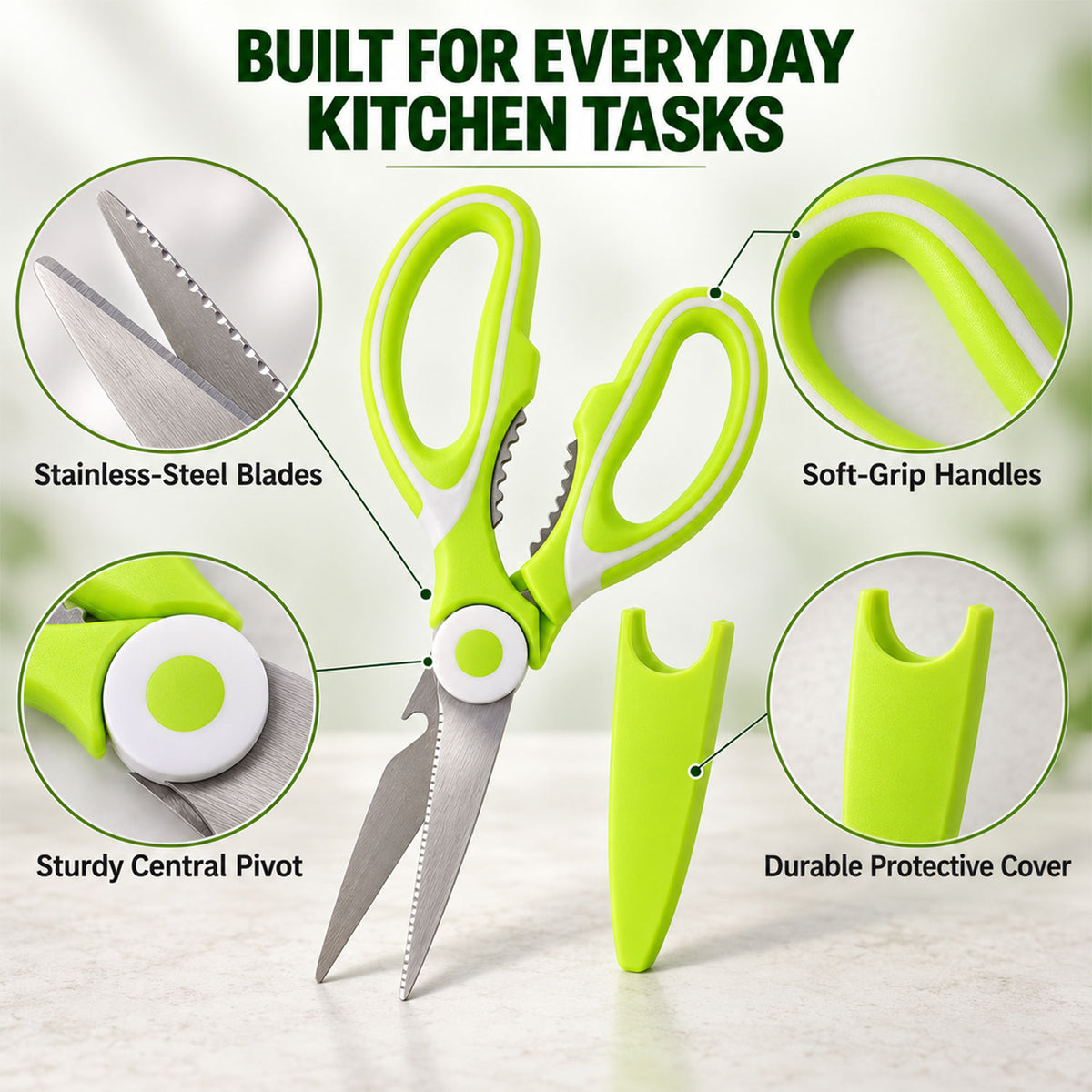 Multipurpose kitchen scissors with protective cover - material and cover