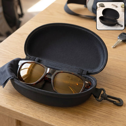 Hard shell sunglasses case in use