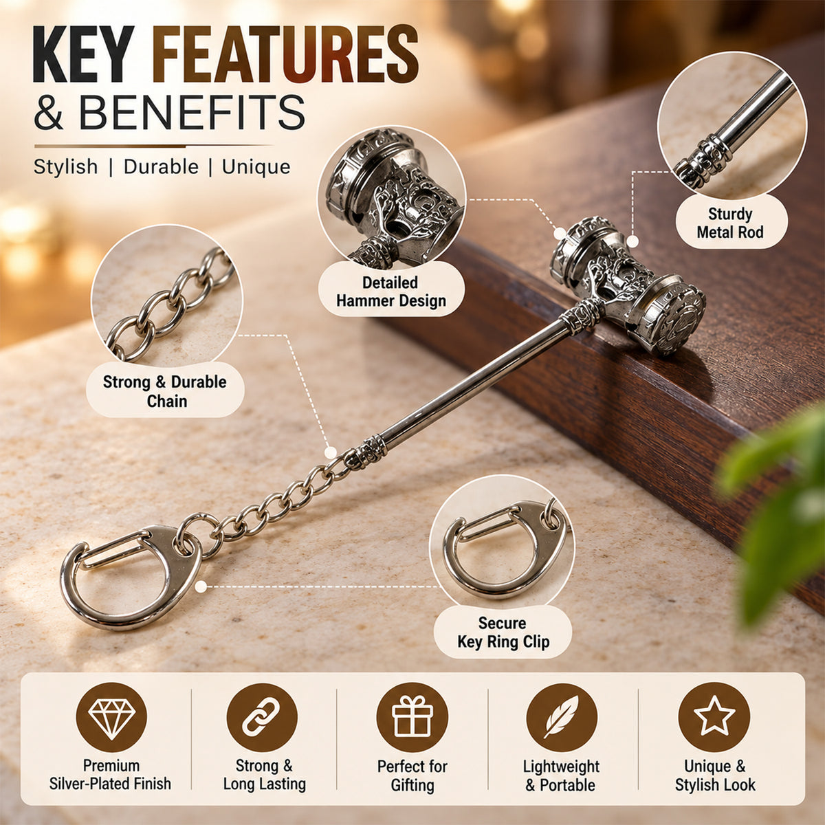 Metal hammer design keychain view 03
