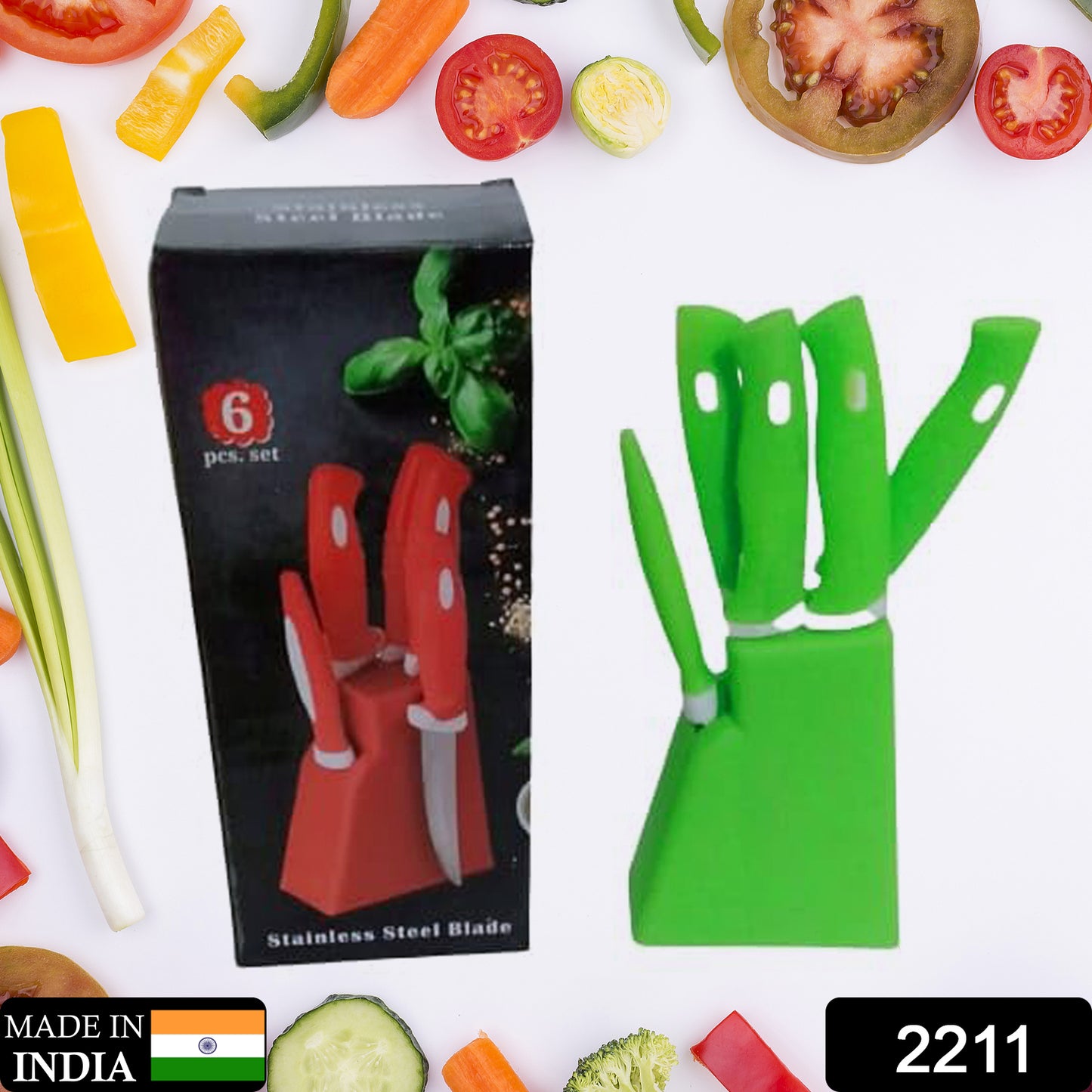 High-quality knife and peeler set with stand.