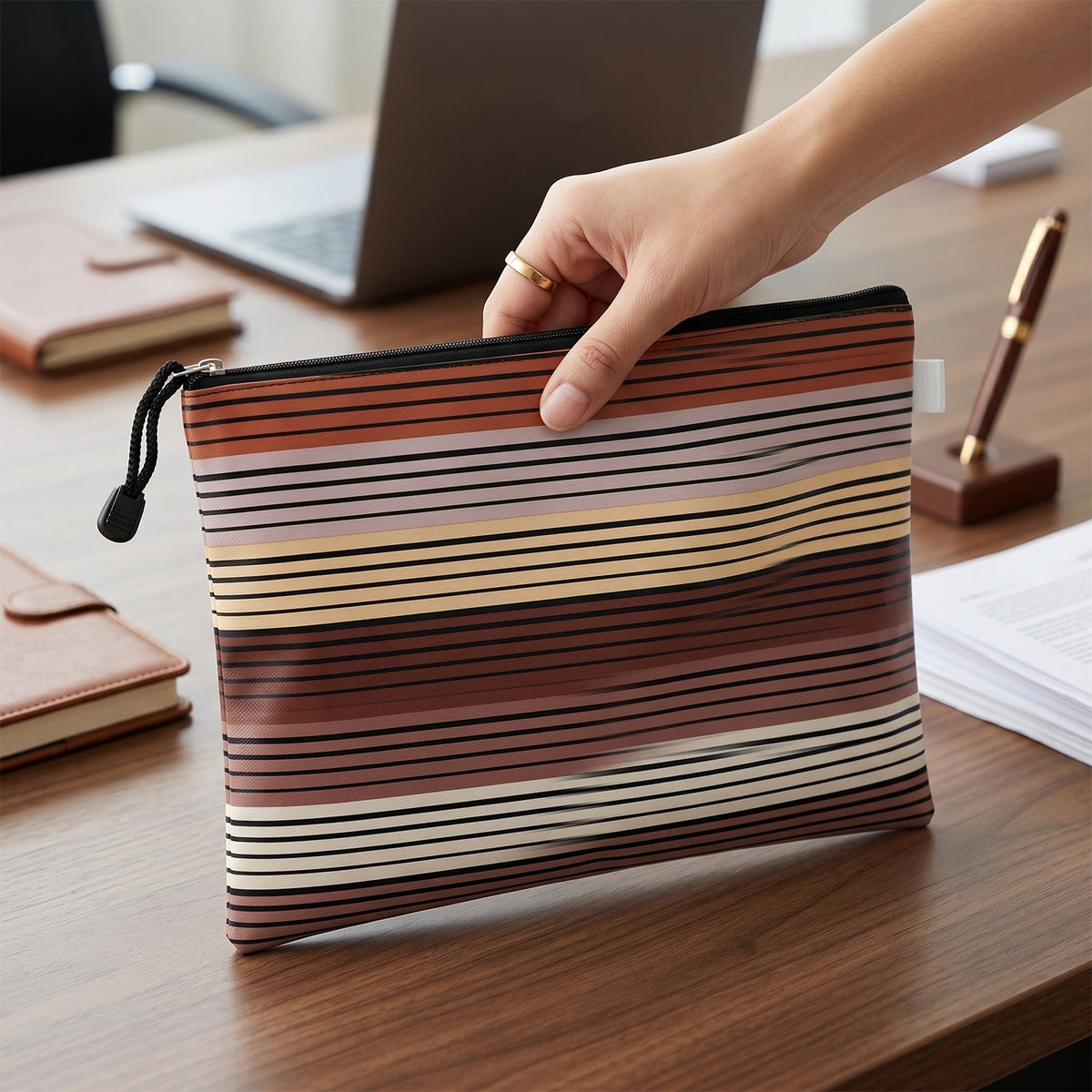 Front view of zipper pouch showing its spacious interior