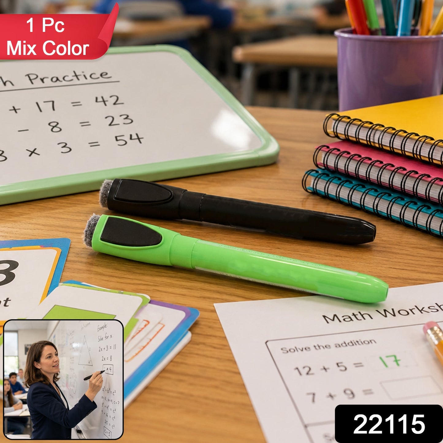 Mix Color Dry Erase Whiteboard Marker with Eraser Cap for Office School (1 Pc)