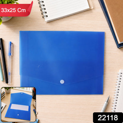 Close-up of waterproof plastic file folder with snap button for office use