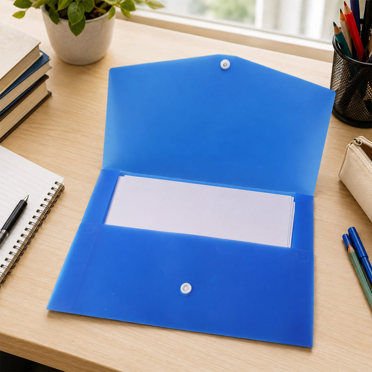 Open transparent A4 document folder showing document storage inside