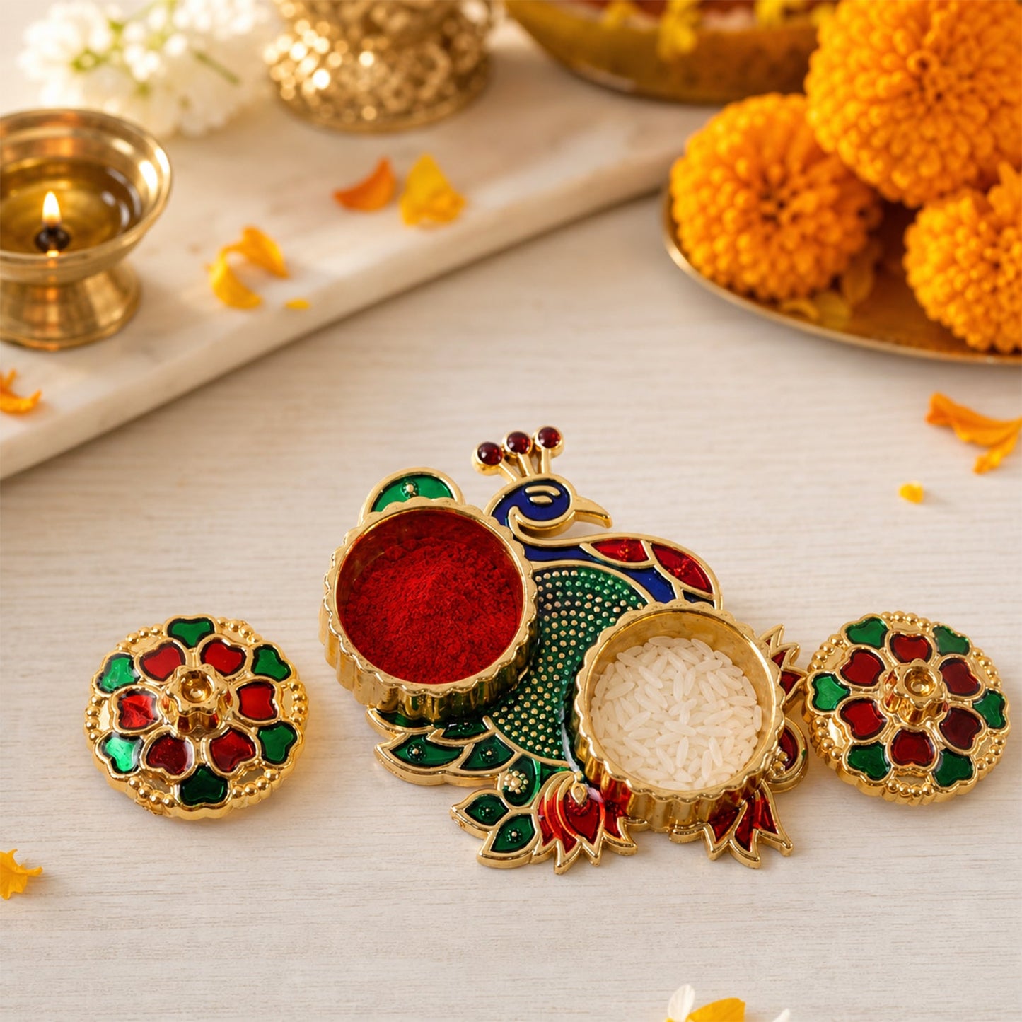 Golden peacock kumkum dani with stone work as a decorative pooja accessory