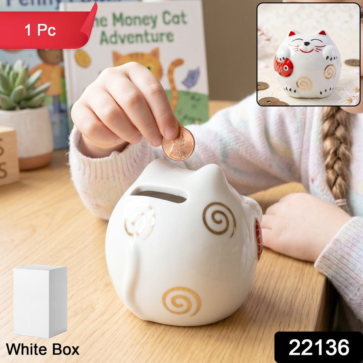 Side view of adorable ceramic cat piggy bank, ideal for home decor and gift.