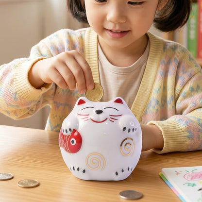 Decorative ceramic piggy bank with cat design, perfect for kids' rooms.