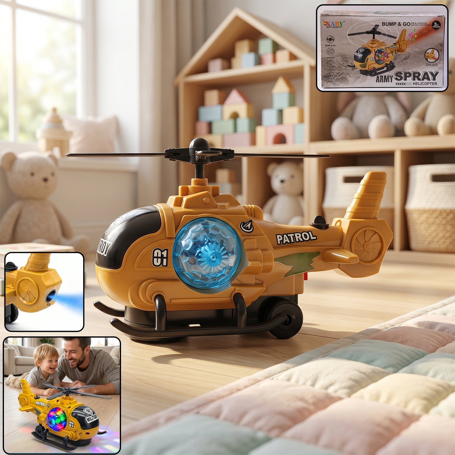 Military Spray Helicopter Toy Bump and Go with Lights Music Mist for Kids (1 Pc)