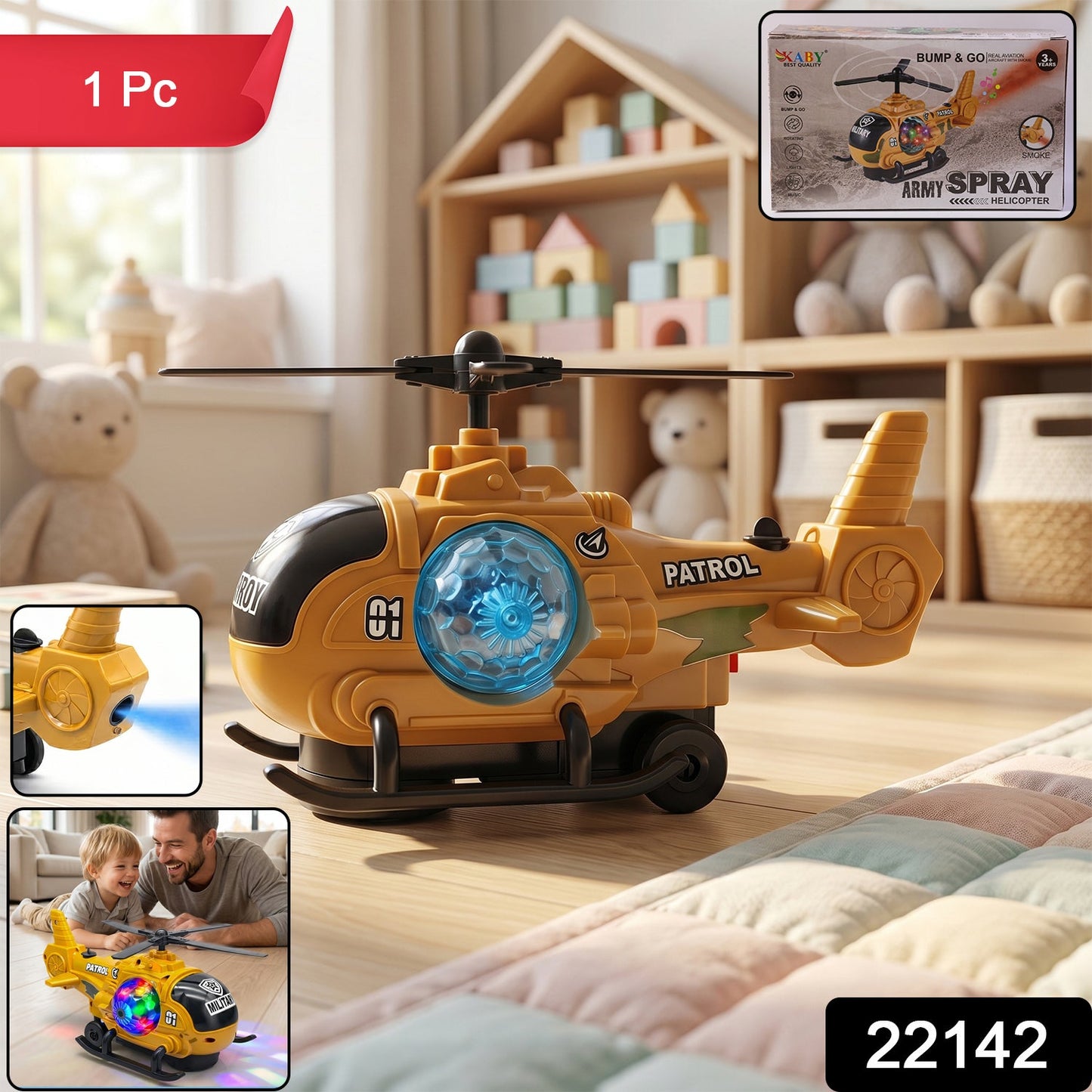 Military Spray Helicopter Toy Bump and Go with Lights Music Mist for Kids (1 Pc)
