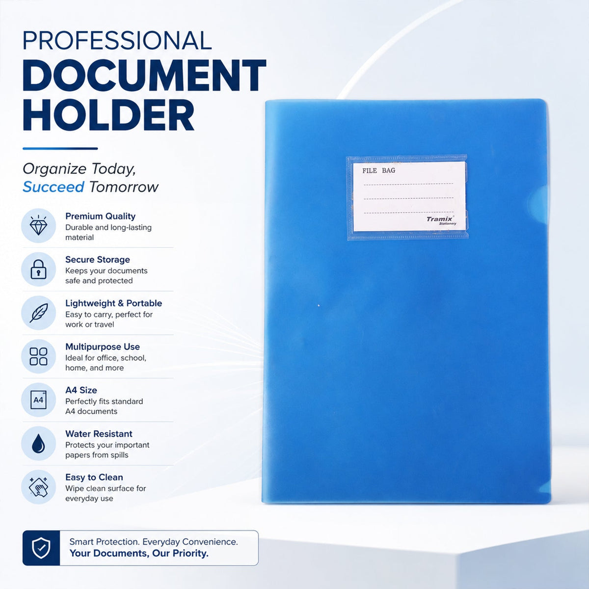 Close-up of the lightweight, sturdy plastic A4 file organizer