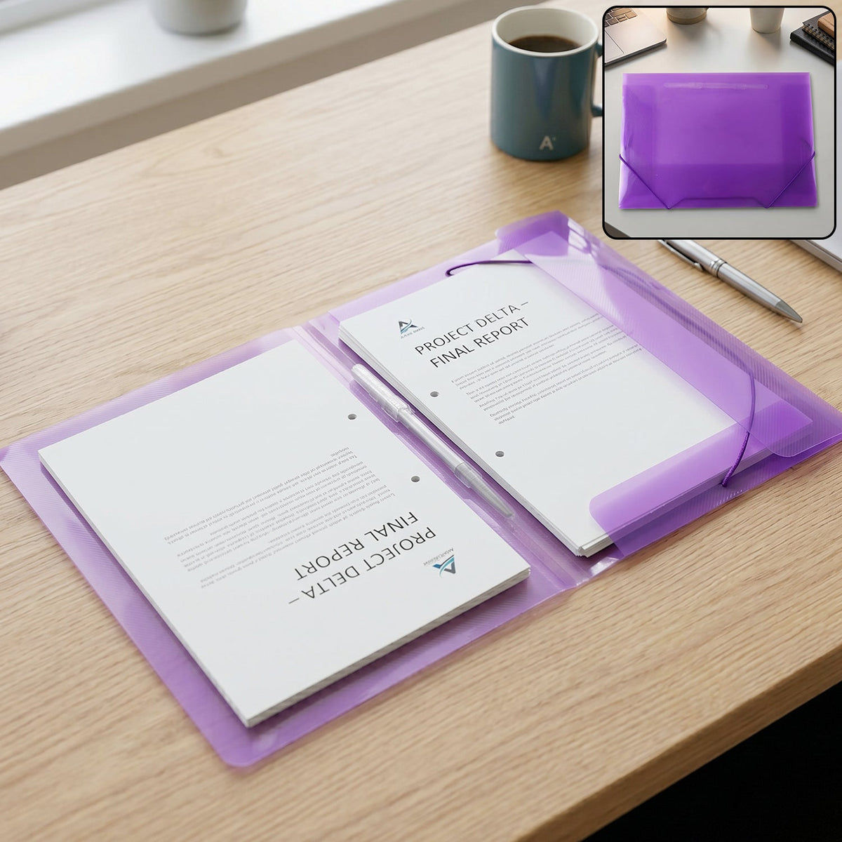 Transparent plastic A4 document file folder with elastic closure and inner fastener.