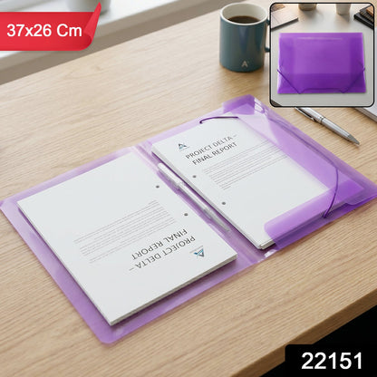 Close-up of waterproof plastic folder showing elastic band closure.