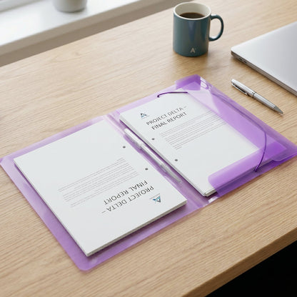 Stylish translucent plastic document folder held in hand.