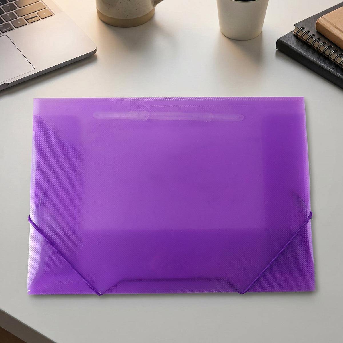 A4 size plastic folder with secure closure, designed for office and school.