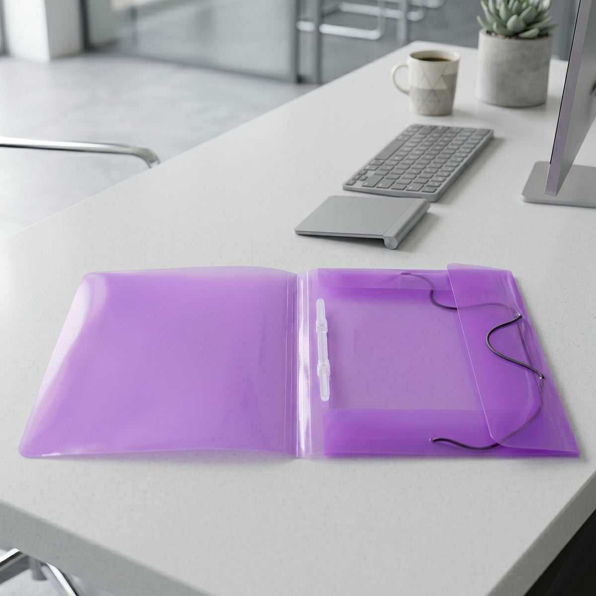 Plastic document folder with elastic closure fitting into bag.