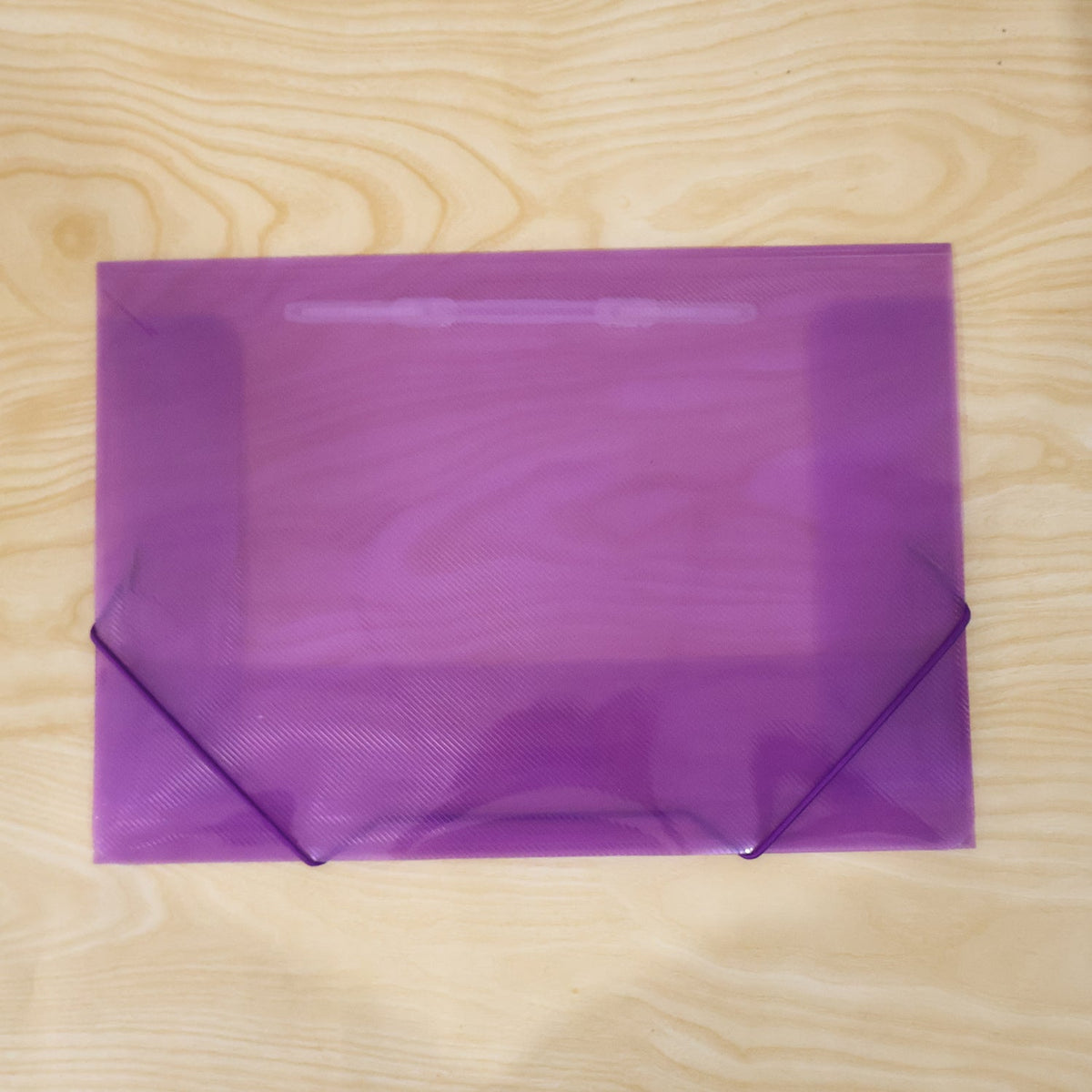 Office desk with plastic file folder for document storage.