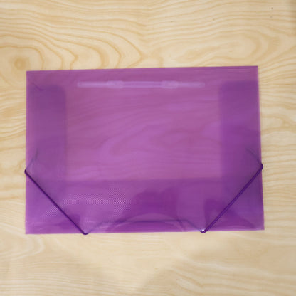 Office desk with plastic file folder for document storage.