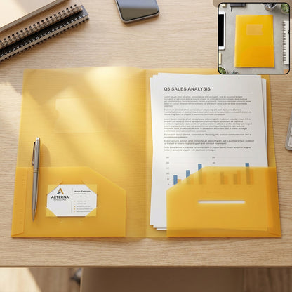 Waterproof plastic document folder with dual pockets and business card slots for office use