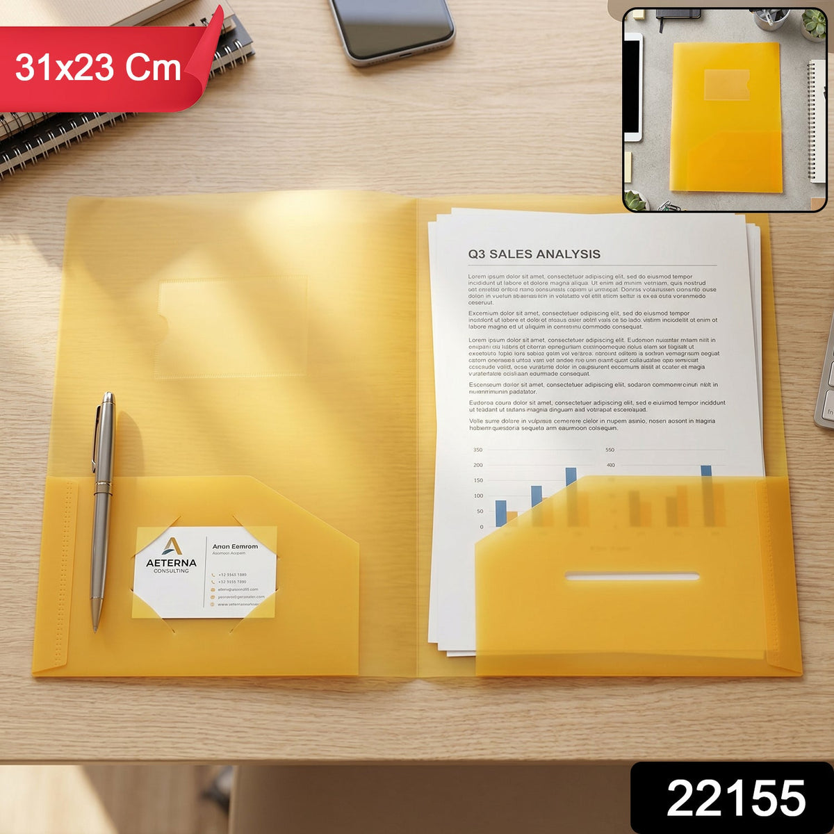 Close-up of waterproof A4 document folder showing transparent finish and pockets