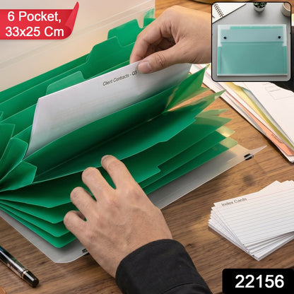 Open view of plastic A4 document folder with six spacious pockets and label tabs