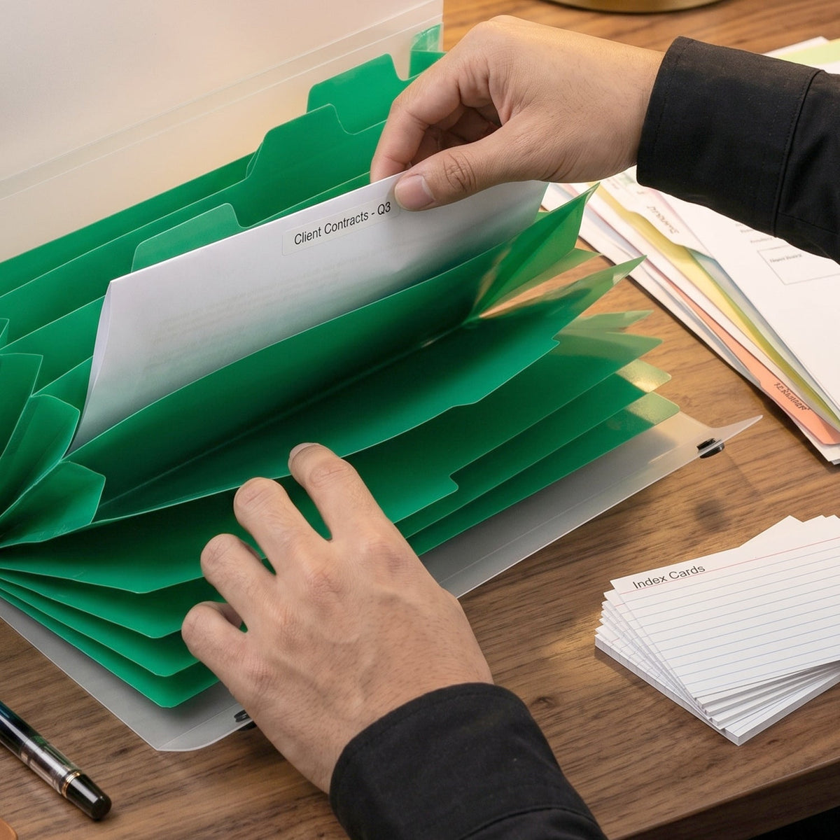 Close-up of translucent plastic file folder with secure button closure