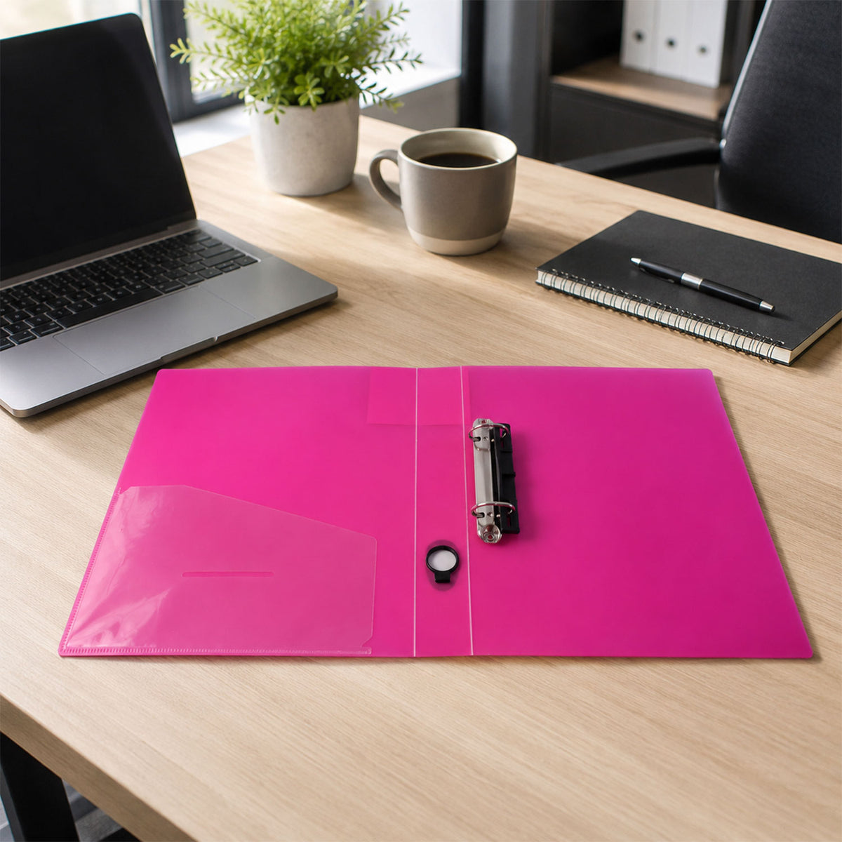 Plastic two ring binder file folder pocket