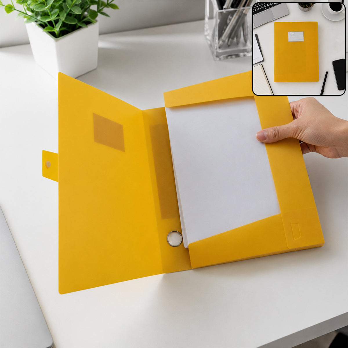 Plastic document box file open view with papers and retaining frame