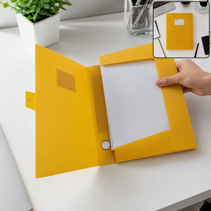 Plastic document box file open view with papers and retaining frame