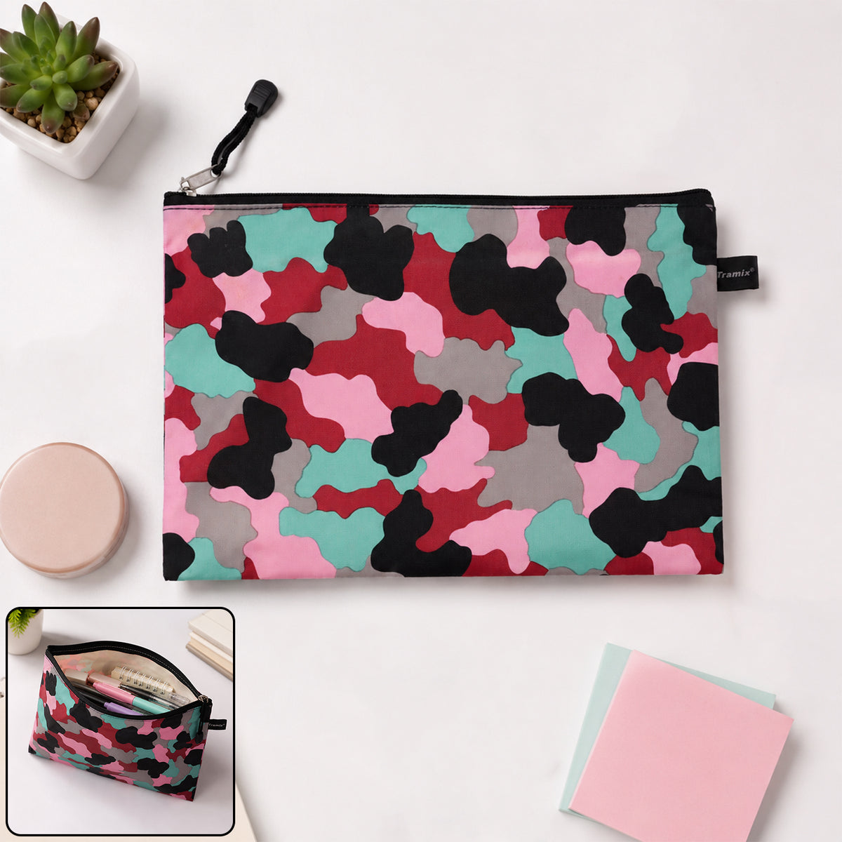 Multipurpose printed zipper pouch front view with open storage inset