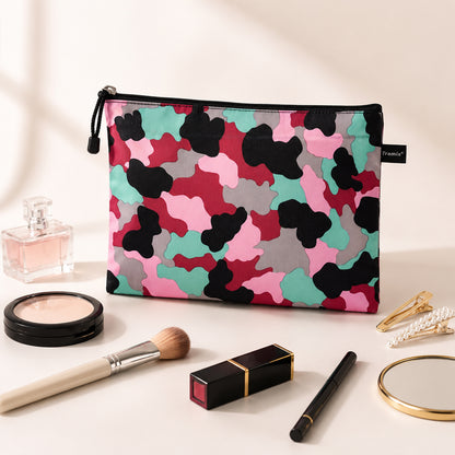Printed zipper pouch displayed with cosmetics and accessories