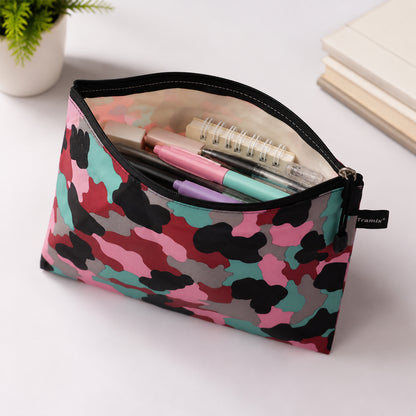 Multipurpose zipper pouch open with stationery items inside