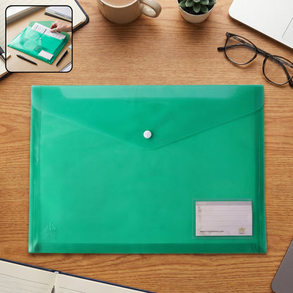 Plastic document folder closed front view on office desk