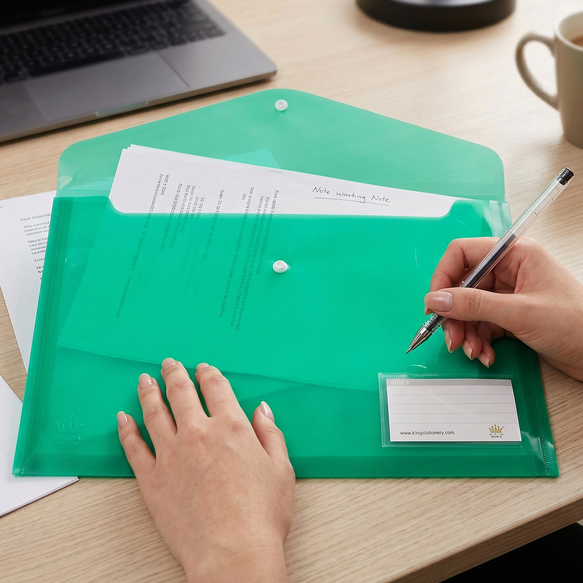 Plastic document folder open during office use