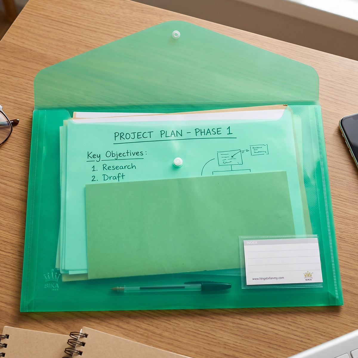 Plastic document file folder holding office papers