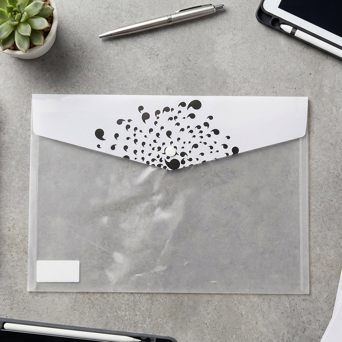 Plastic document file folder displayed on desk