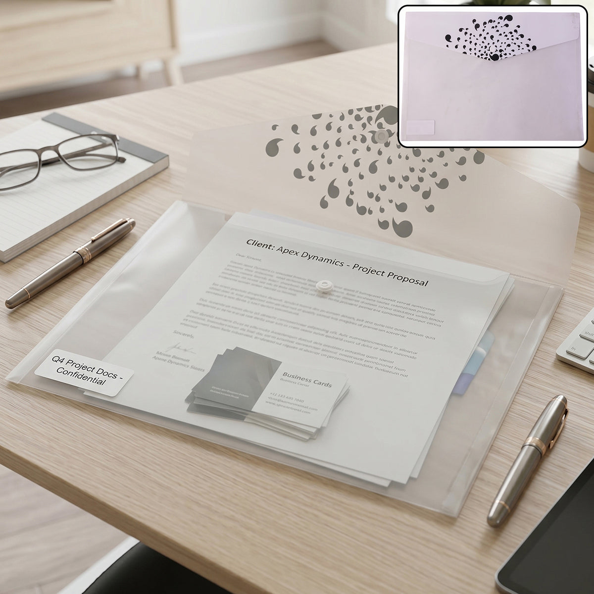 Plastic document file folder open with papers and decorative flap