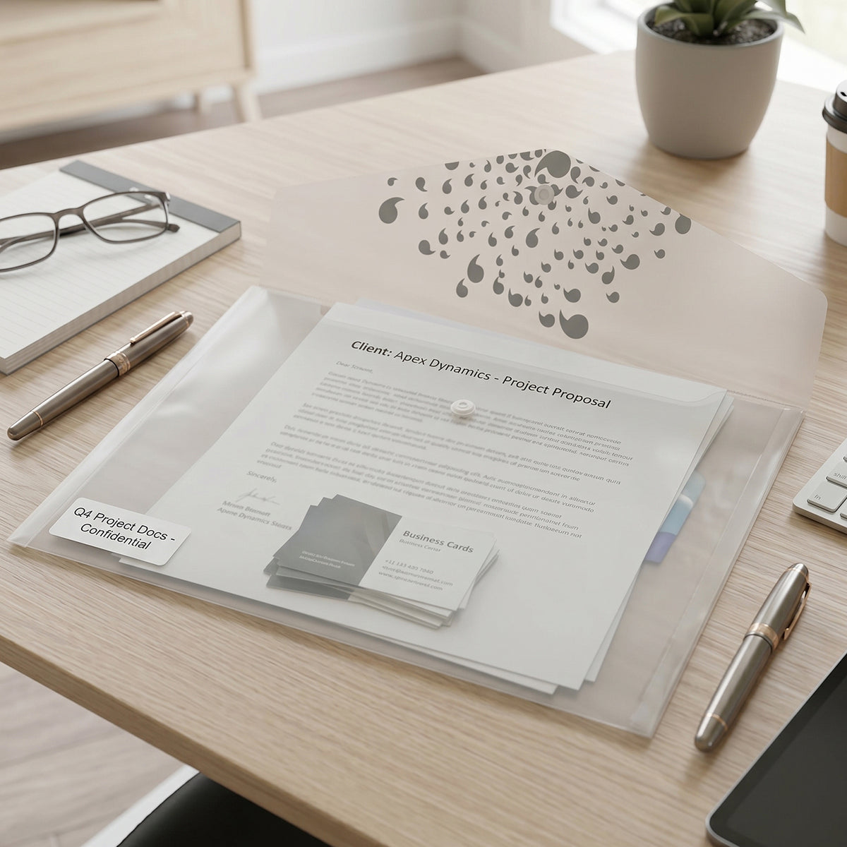 Plastic document file folder holding documents