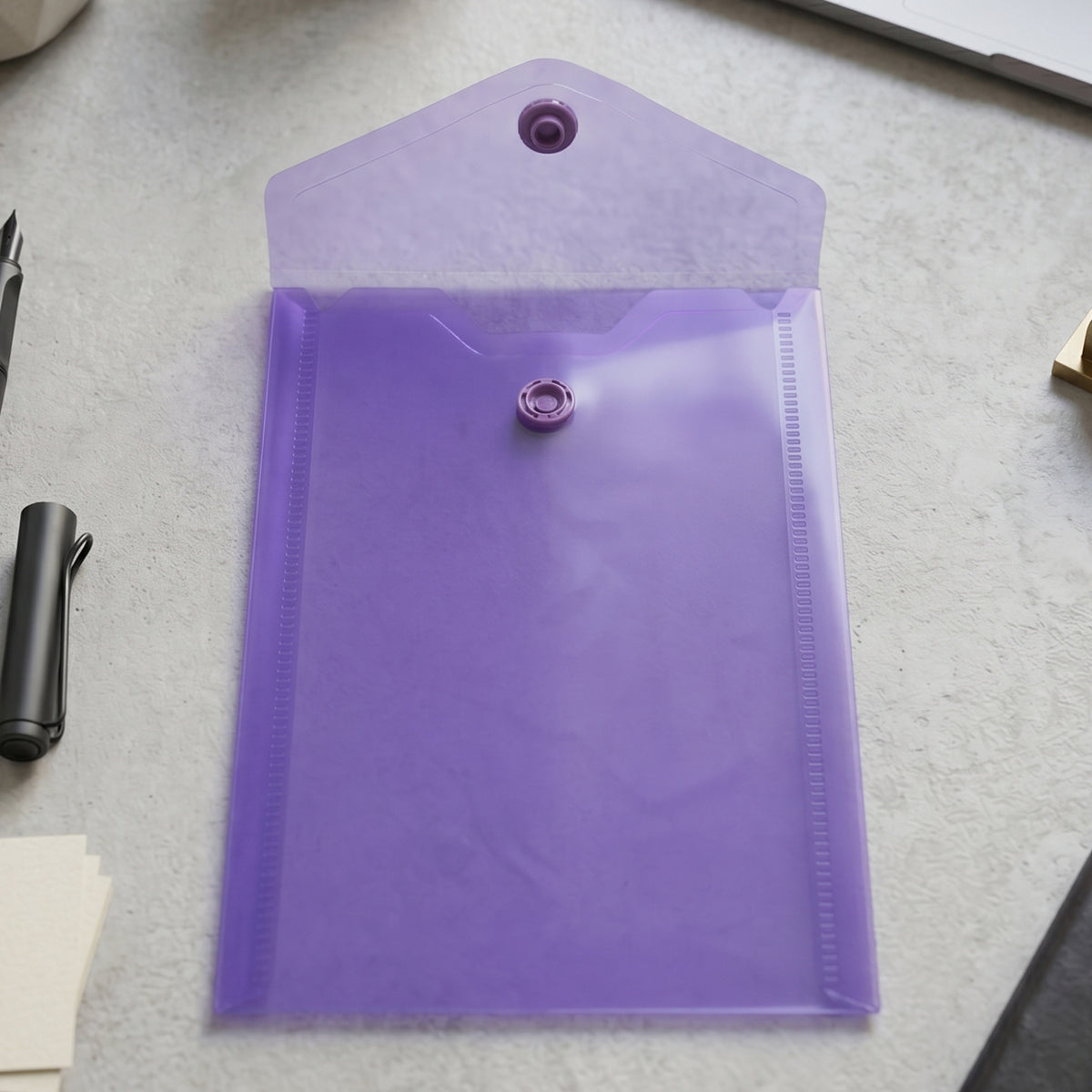 Compact plastic document folder open showing button closure
