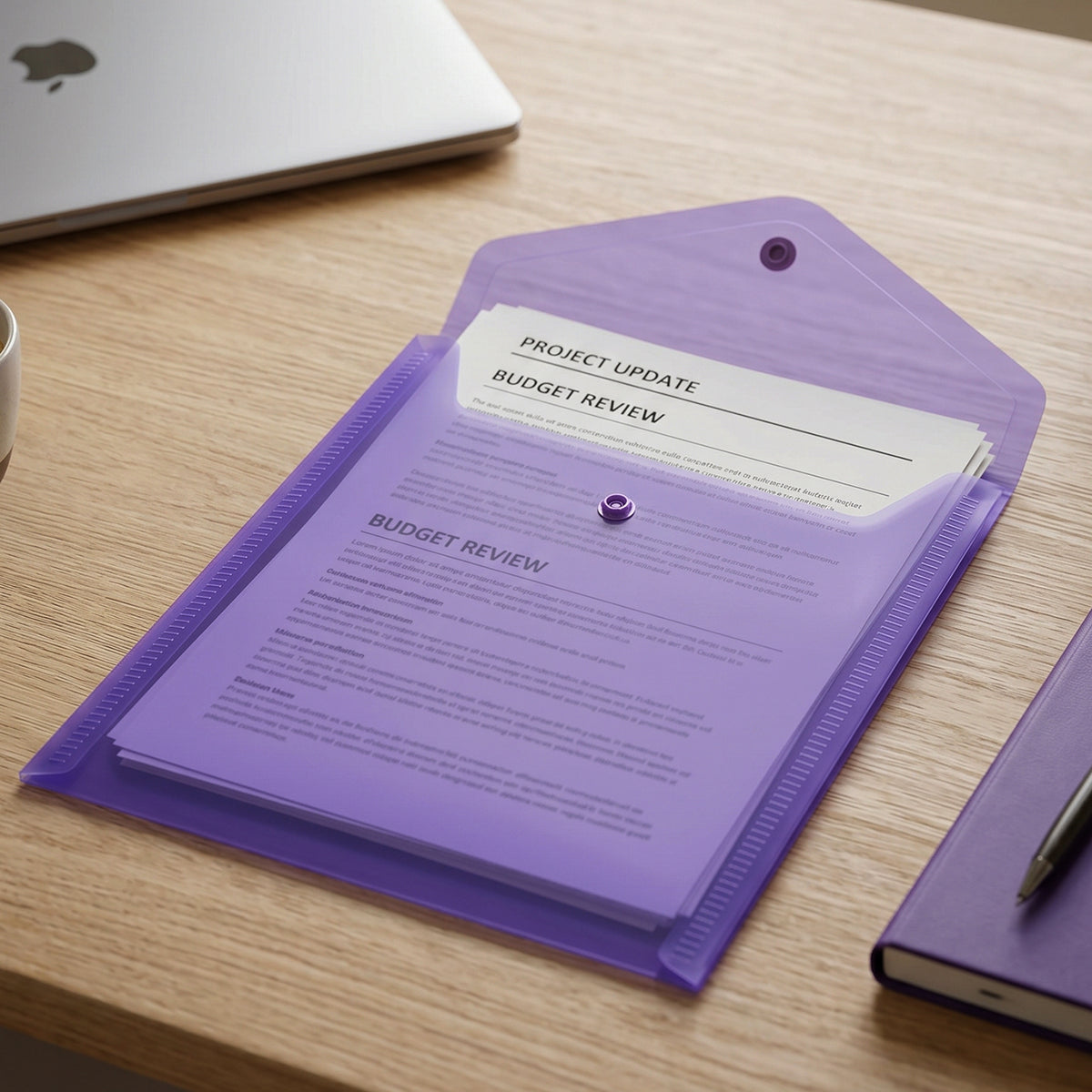 Compact plastic document folder open with papers