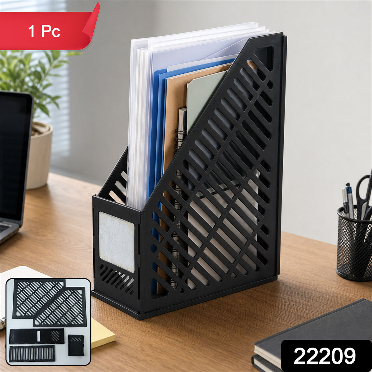Office desk with plastic file holder organizing magazines and files