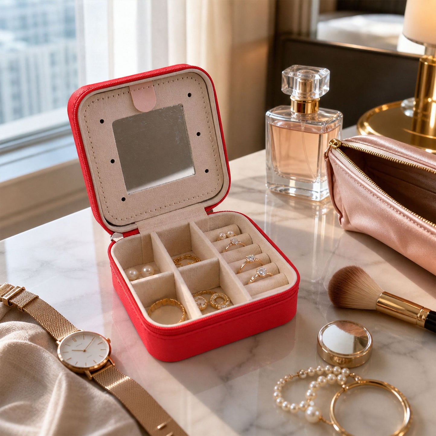 Mini jewelry organizer box with mirror