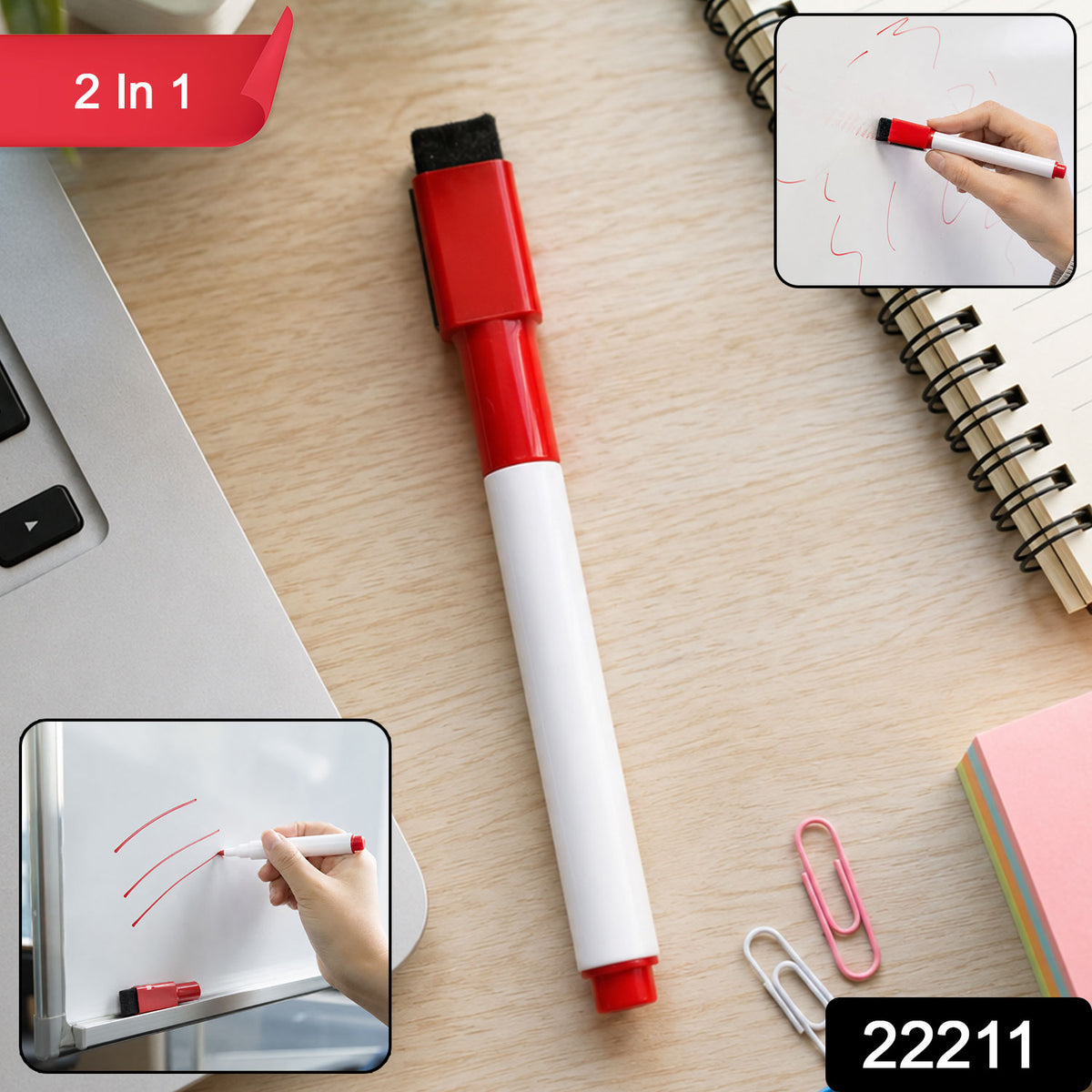 Close-up of red dry erase marker with eraser cap for easy cleaning
