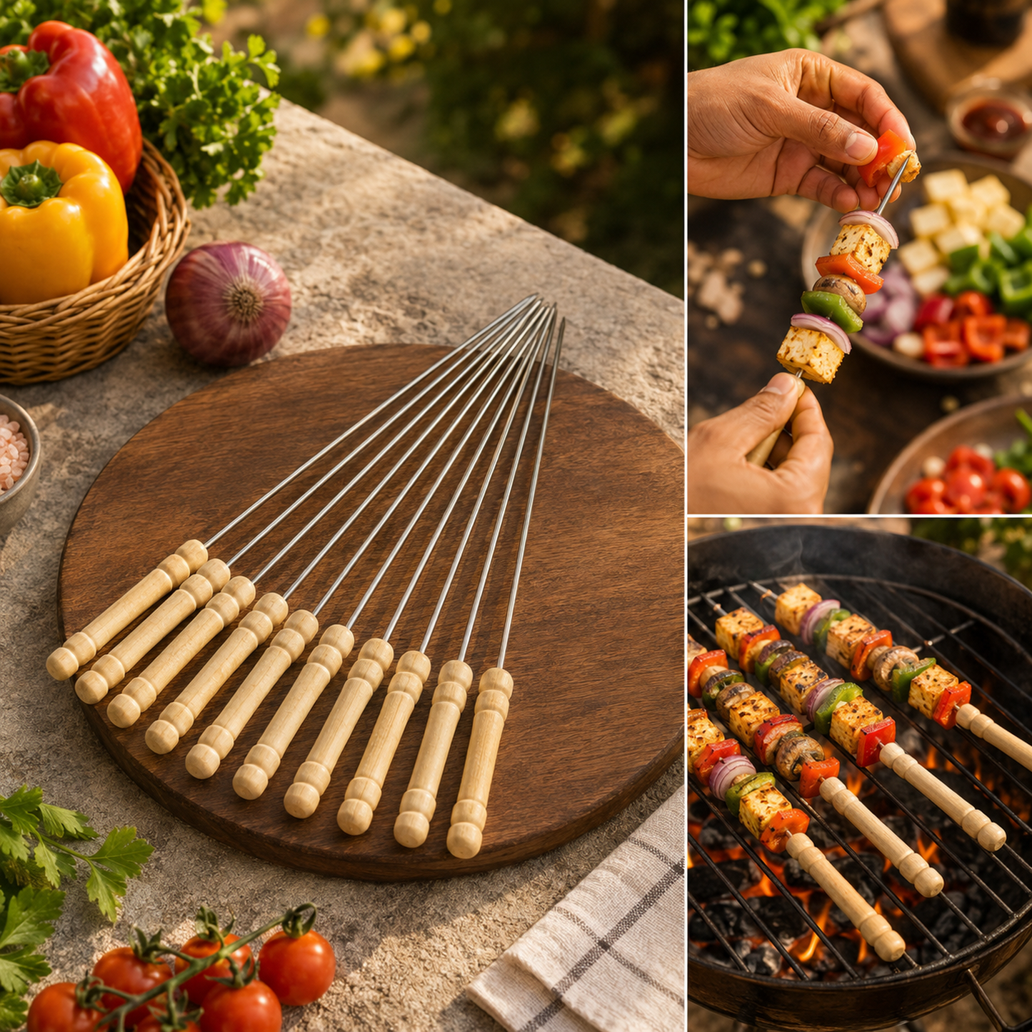Twelve stainless steel skewers with light wood handles arranged on a round wooden board with vegetables and spices.