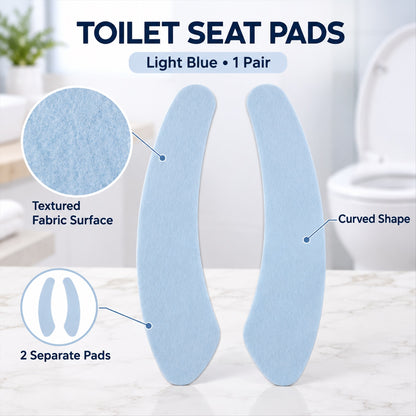 Two curved, light blue fabric toilet seat pads are displayed with textual callouts for texture and shape.