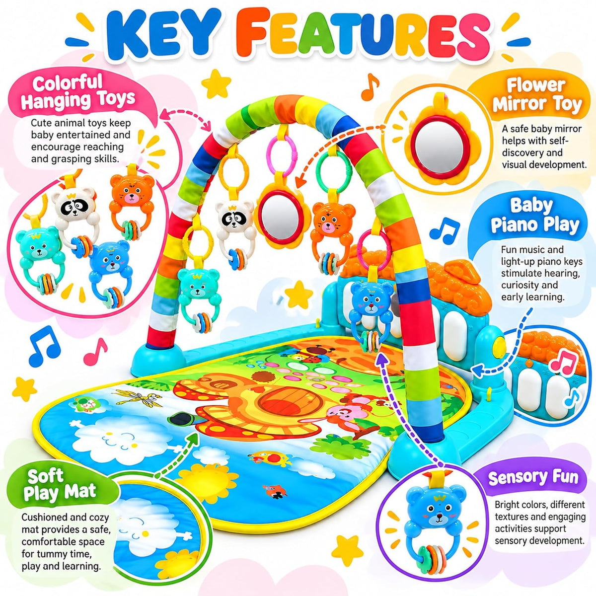 Baby piano activity play gym with hanging toys Baby_Piano_Play_Gym_05_Features