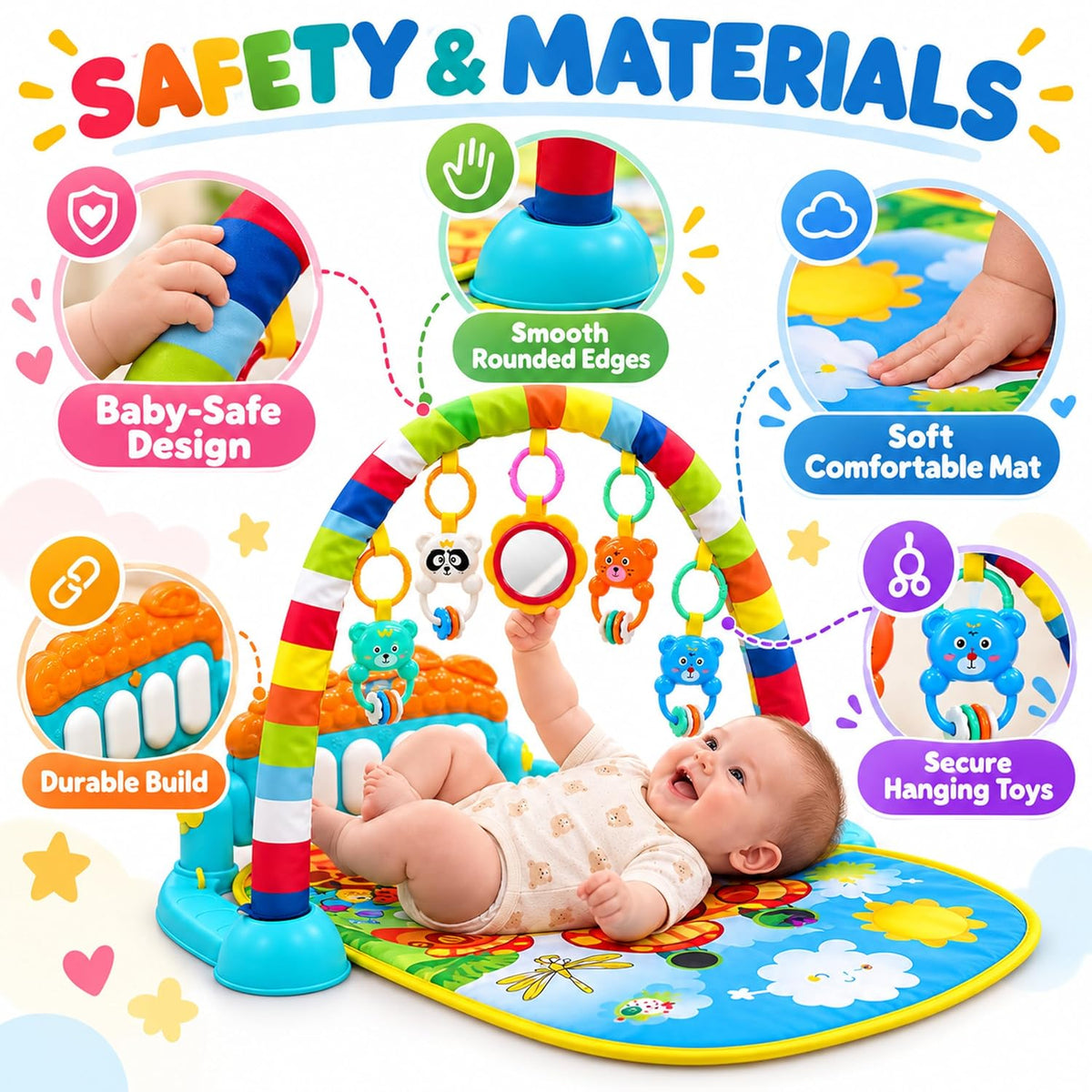 Baby piano activity play gym with hanging toys Baby_Piano_Play_Gym_07_Materials