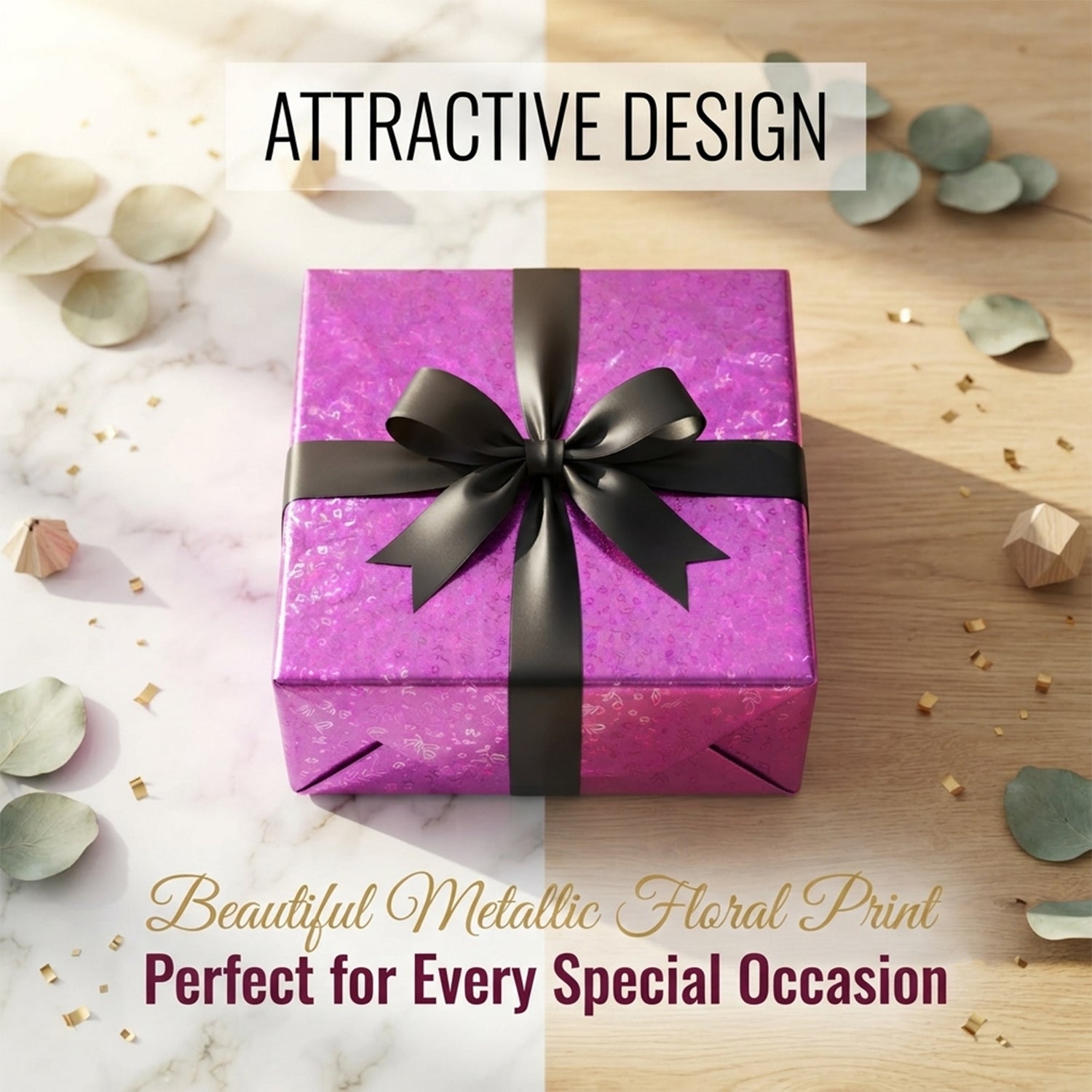 Decorative gift wrapped with metallic floral paper