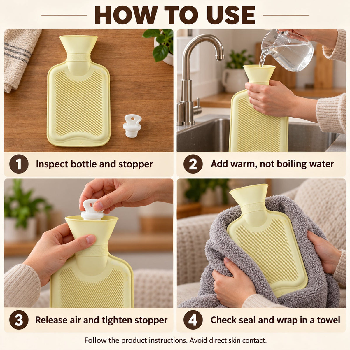 A four-panel image showing how to use a hot water bottle: inspecting, filling, sealing, and wrapping it in a towel.