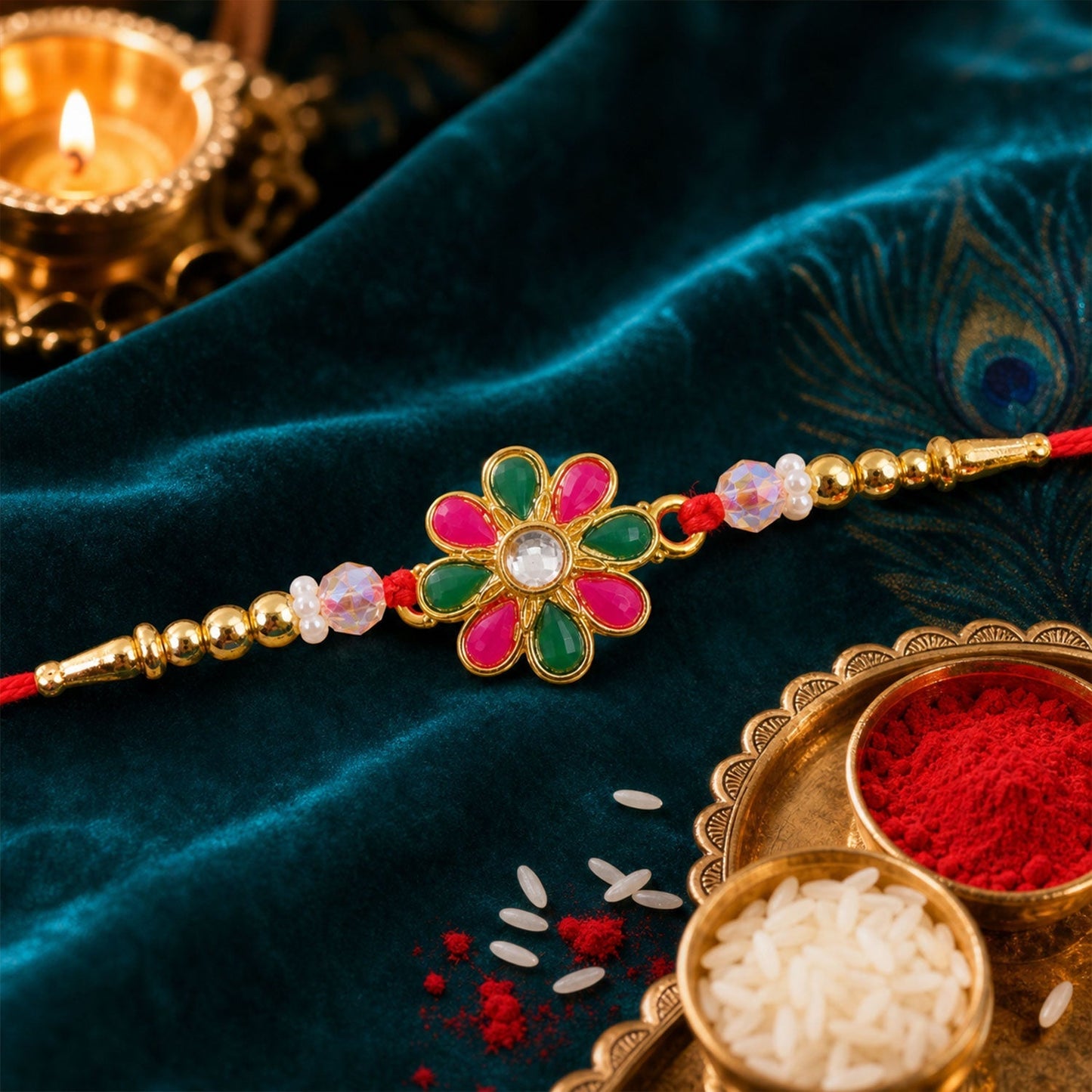 Radiant Floral Rakhi Adorned with Pink-Green Stones, Pearls and Gold-Tone Beads (5pcs)